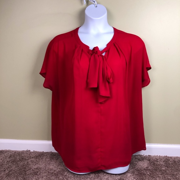 Lane Bryant Tops - Lane Bryant Red Blouse with Bow Short Sleeve 20